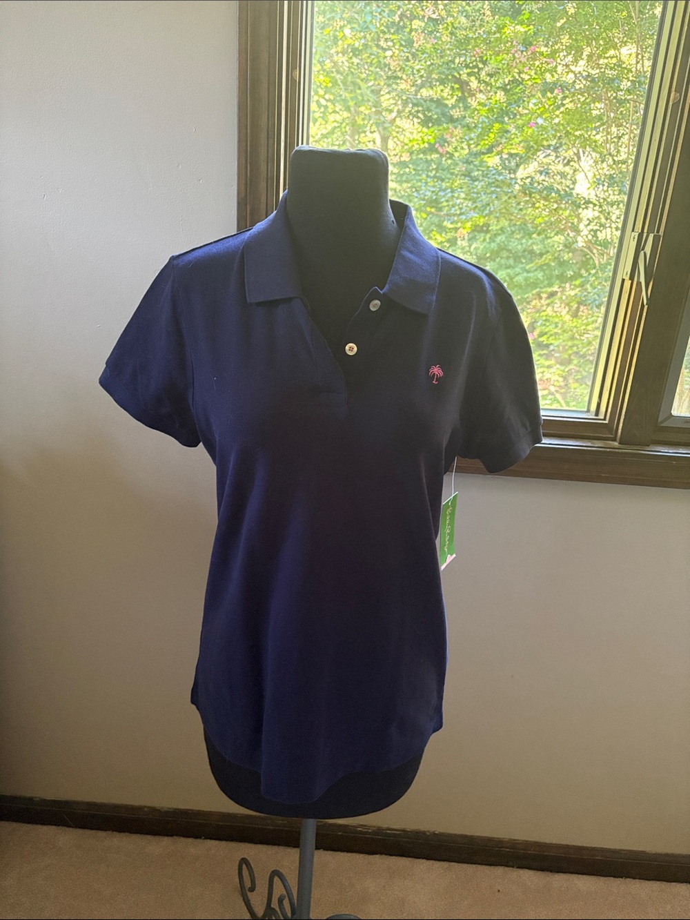 Lilly Pulitzer Navy Polo with Pink Palm Embroidery